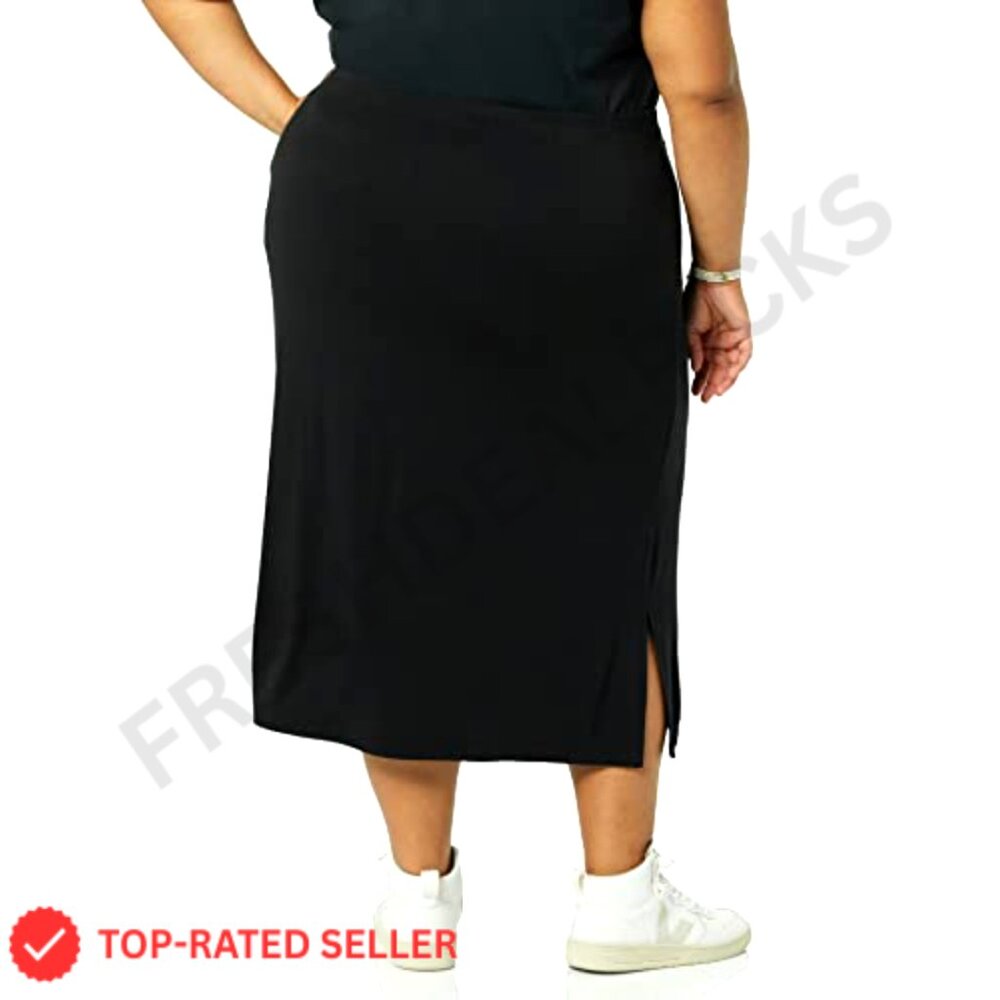 Pull-On Knit Midi Skirt Stretchy Casual Chic Minimal Day to Night Wear - Picture 2 of 6